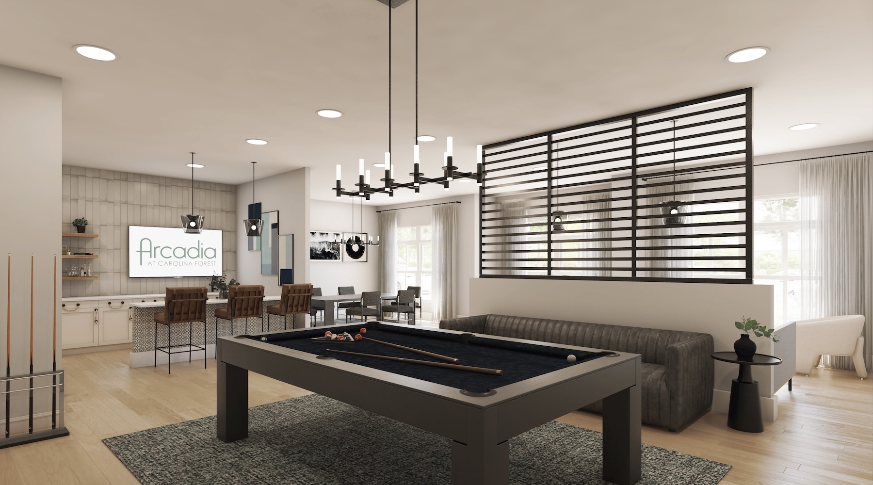 Access resident-only features a room with a pool table and a kitchen behind it