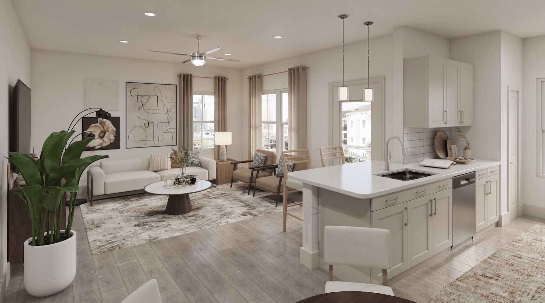 Spacious living areas perfect for entertaining Open concept living room and kitchen at Arcadia at Carolina Forest apartments in Myrtle Beach, SC